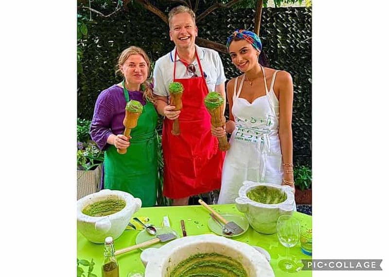 Cours sur la préparation du pesto au mortier avec la championne du monde et menu local accompagné de vin.