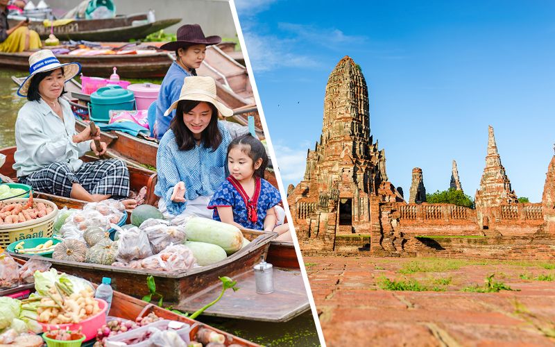 Billet Au départ de Bangkok : Excursion guidée d'une journée aux temples d'Ayutthaya, au marché ferroviaire et au marché flottant de Damnoen Saduak avec déjeuner et navettes de/vers l'hôtel