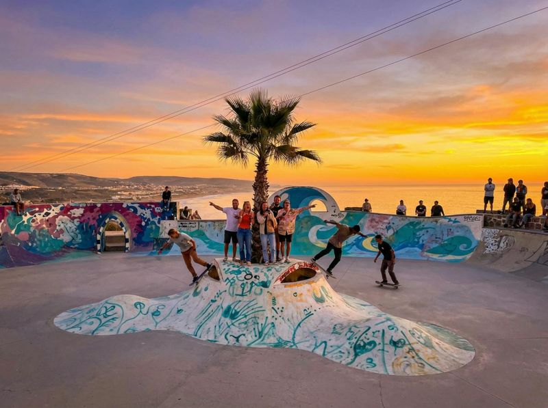 Billet Ambiance surf et coucher de soleil au skatepark du village de Taghazout