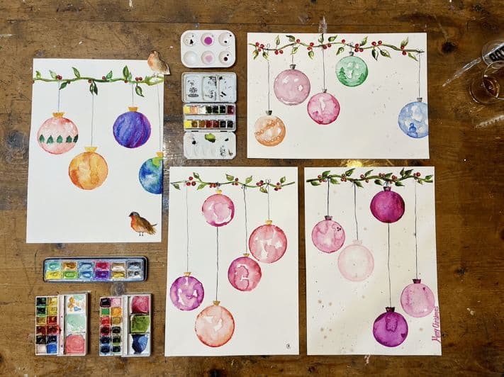 Billet Palma : Peinture aquarelle d'ornements de Noël