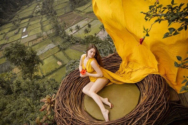 Séance photo en robe volante VIP - Balançoire, nid d'oiseaux et terrasse de riz